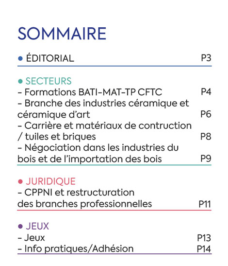 Sommaire du Magazine ECHO 87 - BATI-MAT-TP CFTC